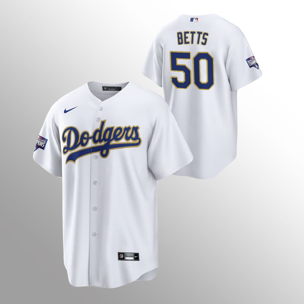 Men's Los Angeles Dodgers #50 Mookie Betts White MLB Champions Patch Gold Program Cool Base Sttiched Jersey